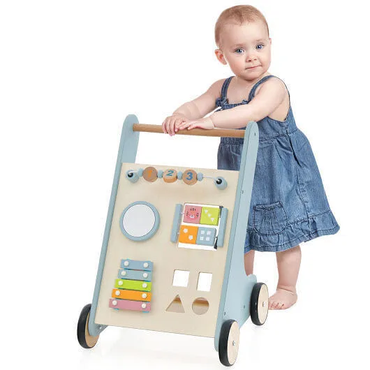 Wooden Baby Walker Toddler Push Walker with Xylophone and Flip Blocks-Blue - Col