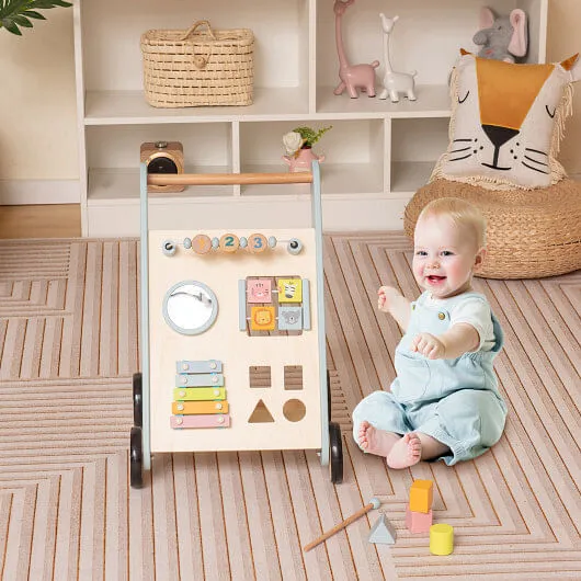 Wooden Baby Walker Toddler Push Walker with Xylophone and Flip Blocks-Blue - Col