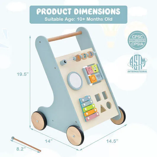 Wooden Baby Walker Toddler Push Walker with Xylophone and Flip Blocks-Blue