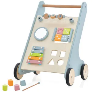 Wooden Baby Walker Toddler Push Walker with Xylophone and Flip Blocks-Blue