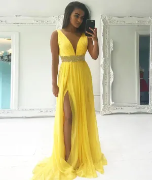 Yellow v neck beads chiffon long prom dress yellow evening dress