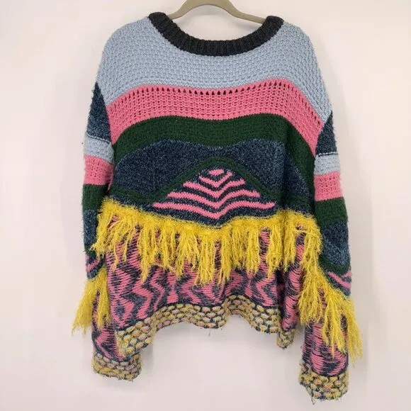 Zara Knit Colorful  Fringed Sweater Multicolor Womens Size Large