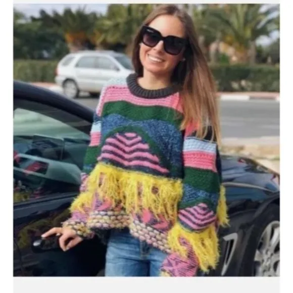 Zara Knit Colorful  Fringed Sweater Multicolor Womens Size Large