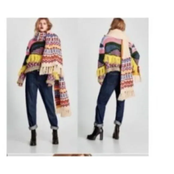 Zara Knit Colorful  Fringed Sweater Multicolor Womens Size Large