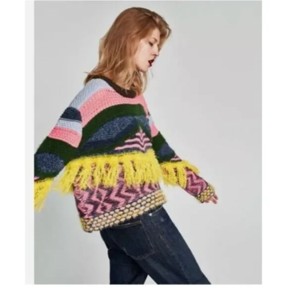 Zara Knit Colorful  Fringed Sweater Multicolor Womens Size Large