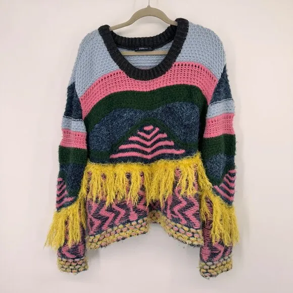 Zara Knit Colorful  Fringed Sweater Multicolor Womens Size Large