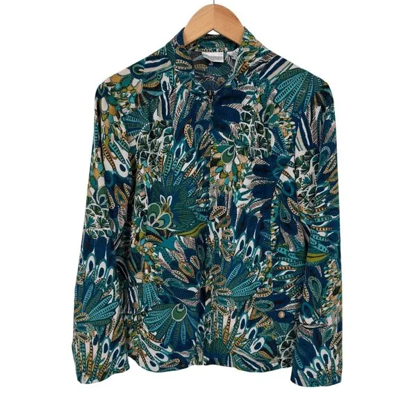Zenergy Chicos Full Zip Jacket Womens 2 Large Blue Green Polyester Peacock Print