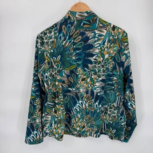 Zenergy Chicos Full Zip Jacket Womens 2 Large Blue Green Polyester Peacock Print
